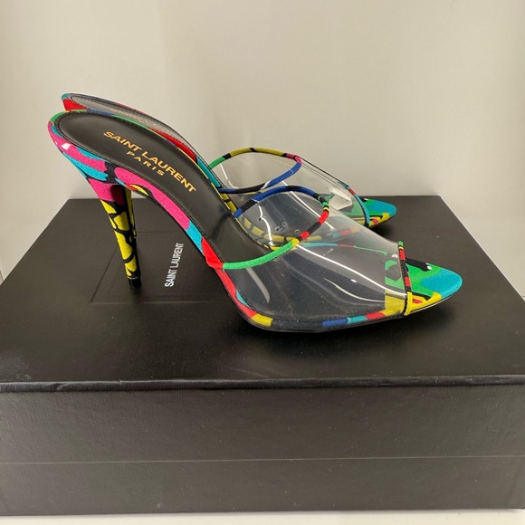 Yves Saint Laurent Sz 7.5 Multi Color w/ Clear Front Mules Shoes - Picture 3 of 6